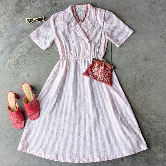 Vintage Dresses & Skirts - Vintage Kenny Classics Pink White Seersucker Stripe Shirtdress size 10